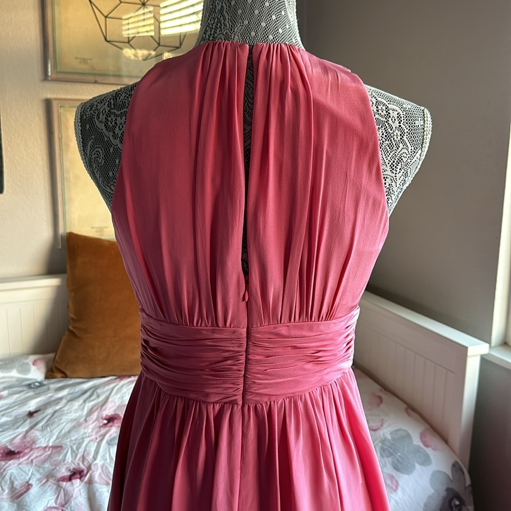 Kay Unger Pink Silk Ruffle Ruched Cocktail Dress, Deep V-Neck & Back Opening - Picture 5 of 11